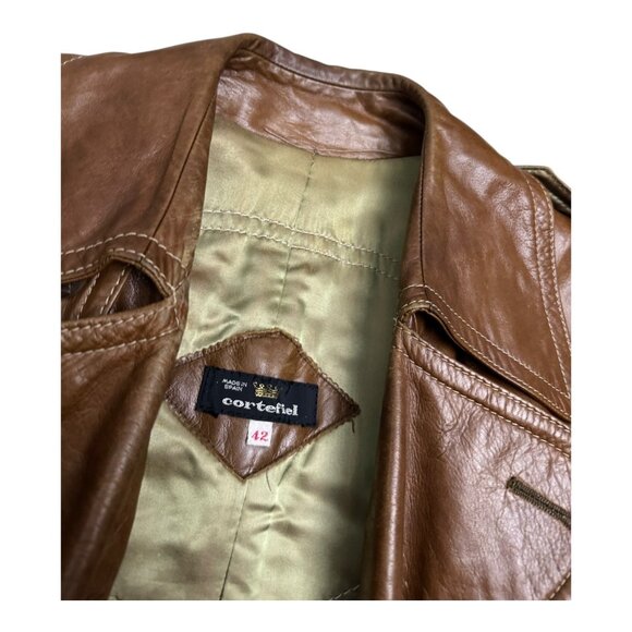 VINTAGE LEATHER Cortefiel Retro Long Luxury Leather Trench Coat Mens 42 - Picture 4 of 9